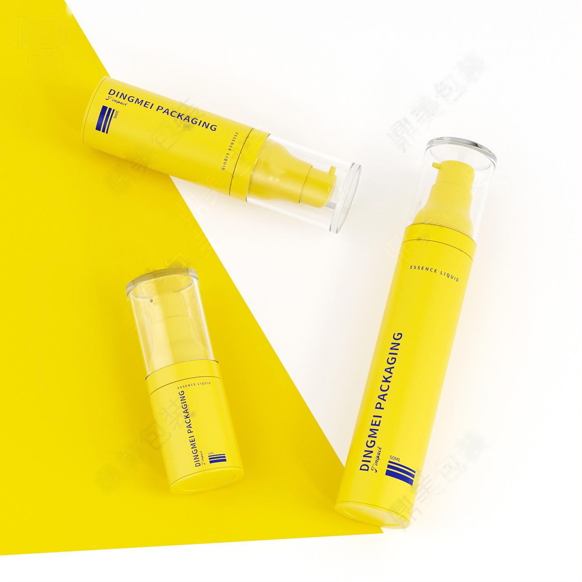 Airless Bottles — DM-ZK20 yellow airless pump bottles with clear overcaps, 15ml 30ml 50ml