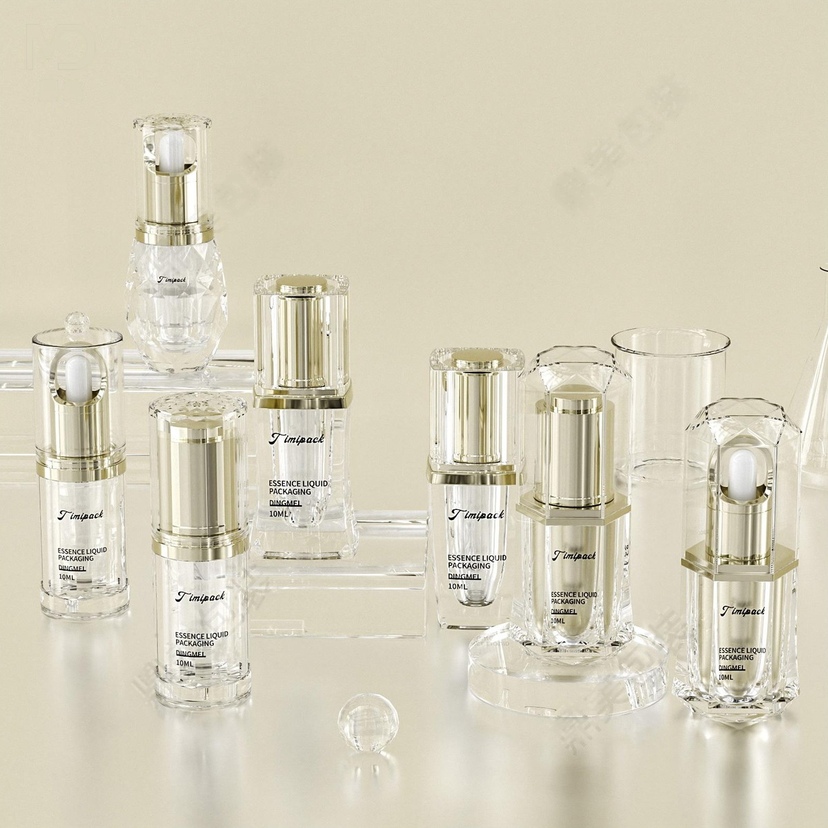 Essence & Dropper Bottles — DM-JH5 clear essence bottles with gold caps, 10ml