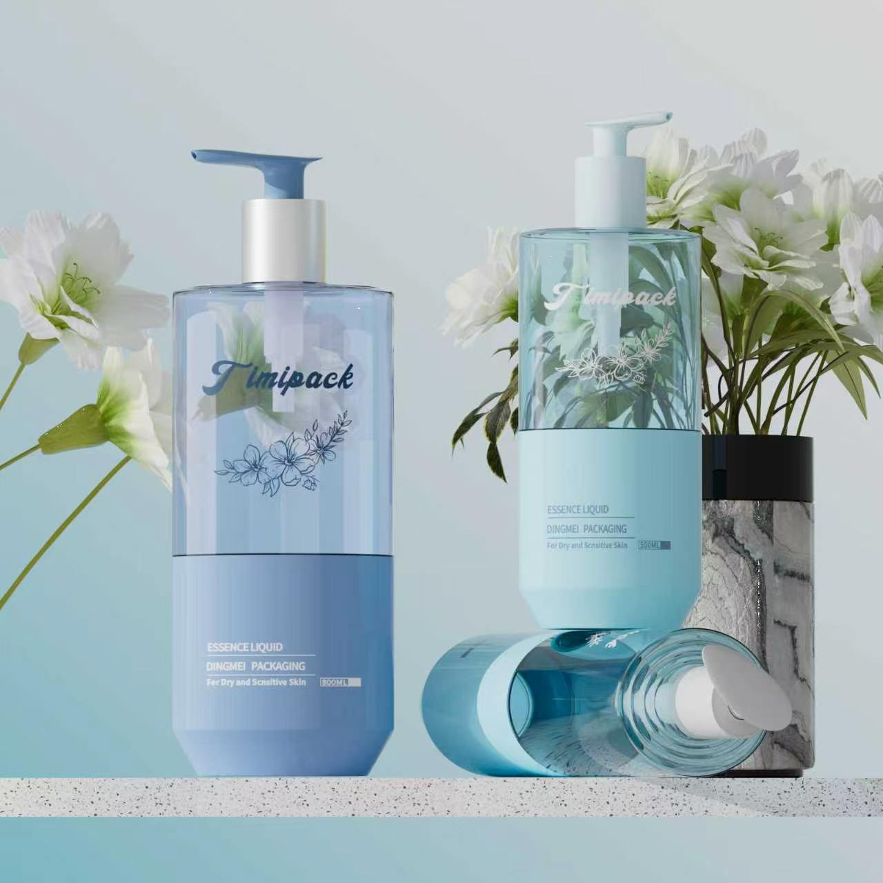 Hair & Body Care Packaging — blue pump bottles for shampoo, shower gel and body lotion