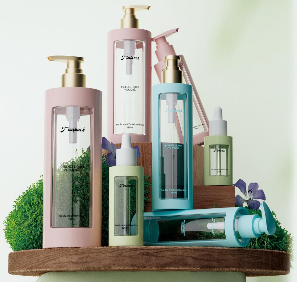 Cosmetic pump and dropper bottles in pink, blue and green by Shunsheng, cosmetic plastic packaging manufacturer in Guangzhou, China